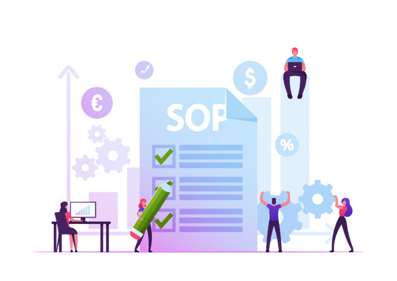 Sop, Standard Operating Procedure Concept. People Writing Step-by-step Instructions Compiled by Organization to Help Workers Carry Out Complex Routine Operations. Cartoon Flat Vector Illustration