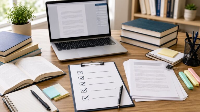 Organized academic workspace with research papers, books, laptop, notes, and a checklist for preparing an APA Research Paper Checklist.